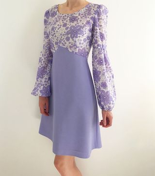 Vintage + 70s Floral Dress in Lilac and White