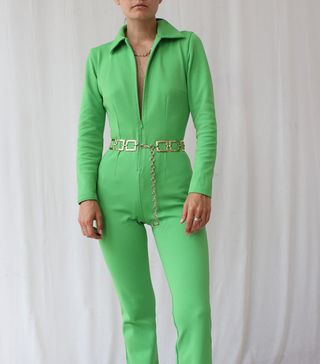 Vintage + True Handmade 70s Lime Green Zip Front Boiler Suit