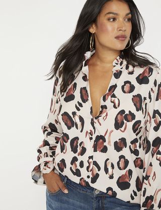 Eloquii + Printed Button Down Blouse With Ruffle Neck