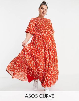 ASOS + Design Curve Shirred Tiered Maxi Dress in Red Floral Print