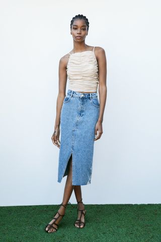Zara + Denim Midi Skirt