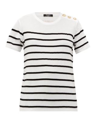 Balmain + Flocked-Stripe Cotton-Jersey T-Shirt