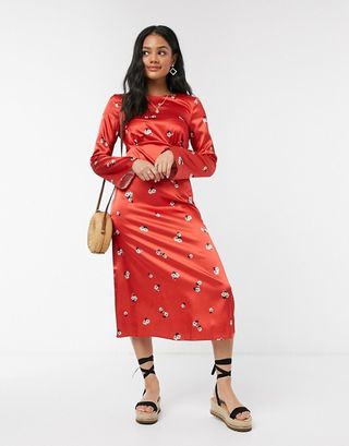 Nobody's Child + Ruffle Wrap Midi Dress in Red Floral Satin