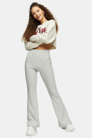 Topshop + Blue Ribbed Jersey Flare Pants