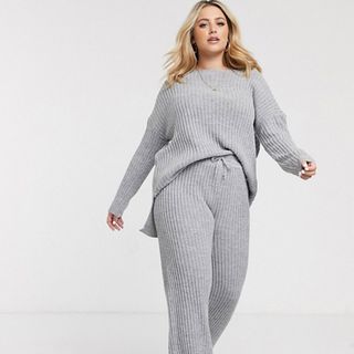 Simply Be + Knitted Ribbed Two-Piece in Gray