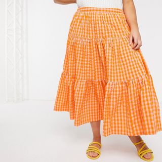 ASOS Design + Tiered Gingham Midi Skirt in Orange