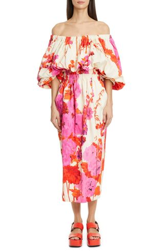 Dries Van Noten + Dayna Floral Off the Shoulder Midi Dress