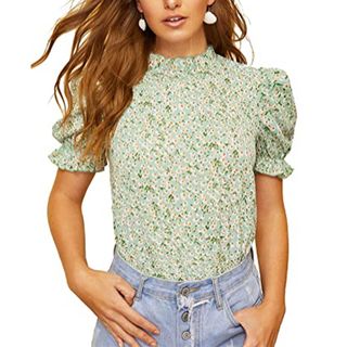 Romwe + Floral Print Ruffle Puff Short Sleeve Casual Blouse