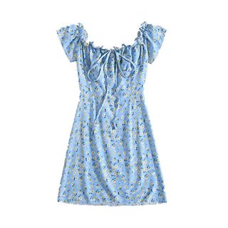Floerns + Frill Tie Front Ditsy Floral Short Sleeve A Line Dress