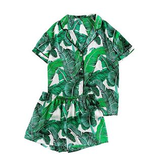 Floerns + Notch Collar Palm Leaf Two Piece Pajama Set