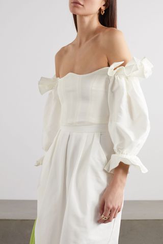 Paris Georgia + Off-the-Shoulder Cropped Satin and Cotton and Silk-Blend Poplin Top