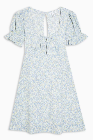 Topshop + Blue Puff Sleeve Printed Flippy Dress