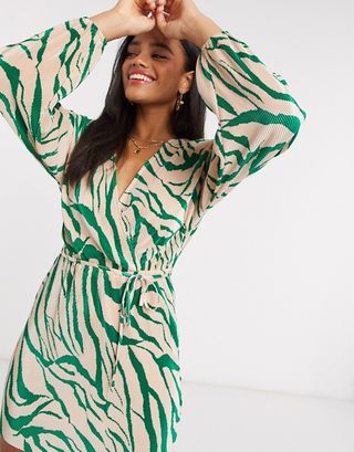 ASOS Design + Plisse Mini Dress Wrap Belted in Green Abstract Print