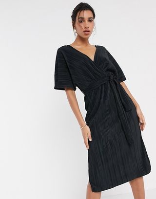 Y.A.S + Wrap Midi Dress in Plisse With Kimono Sleeve in Black