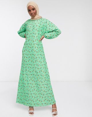 ASOS Design + Plisse Maxi Dress With Long Sleeves in Green Floral