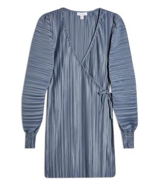 Topshop + Blue Plisse Shirred Wrap Dress