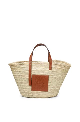 Loewe + Large Basket Bag in Palm Leaf and Calfskin