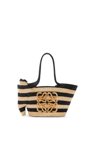 Loewe + Small Elephant Basket Bag in Striped Raffia and Calfskin