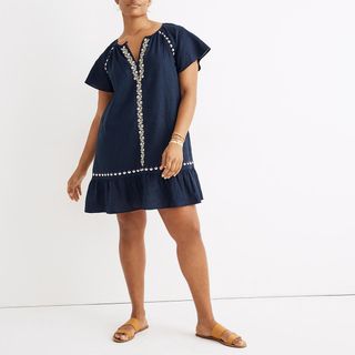 Madewell + Embroidered Linen-Blend Raglan Ruffle Mini Dress