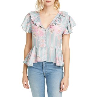 Loveshackfancy + Aida Floral Ruffle Silk Blouse