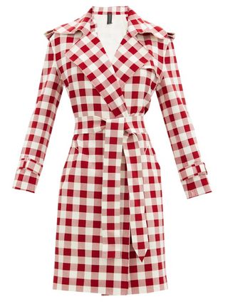 Norma Kamali + Double-Breasted Gingham Trench Coat