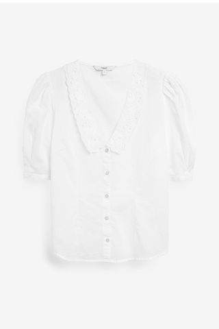 Next + White Embroidered Collar Short Sleeve Shirt