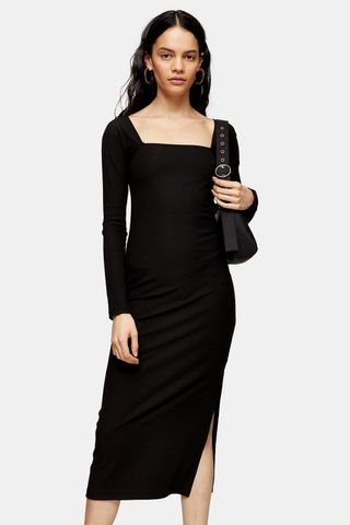 Topshop + Black Ribbed 90s Long Sleeve Midi Dress