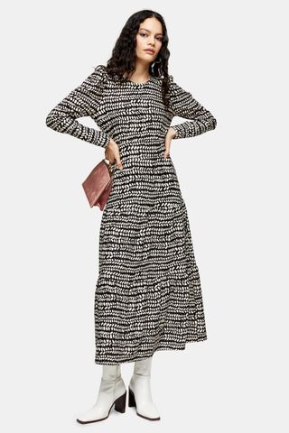 Topshop + Black and White Abstract Tiered Midi Dress