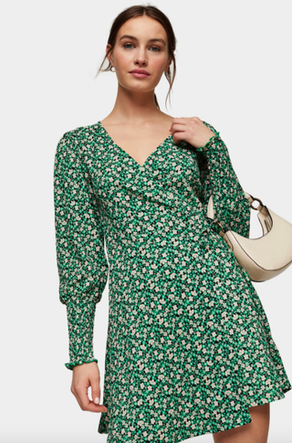 Topshop + Green Floral Wrap Dress