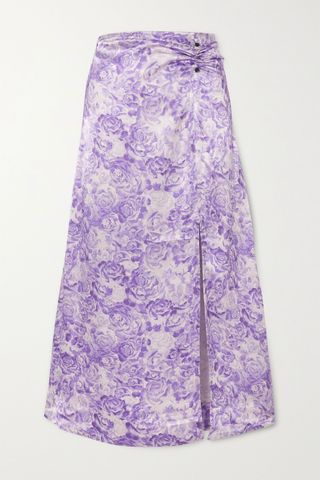 Ganni + Floral-Print Satin Midi Skirt