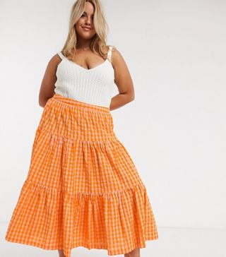 ASOS Design Curve + Tiered Gingham Midi Skirt in Orange