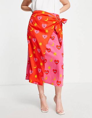 Never Fully Dressed Plus + Contrast Wrap Midi Skirt in Pink and Red