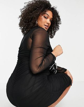 ASOS + Curve Edit Mesh Midi Dress With Ruching With Detachable Slip in Black