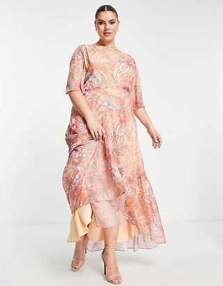 Hope & Ivy Plus + Wrap Maxi Tea Dress in Coral Floral