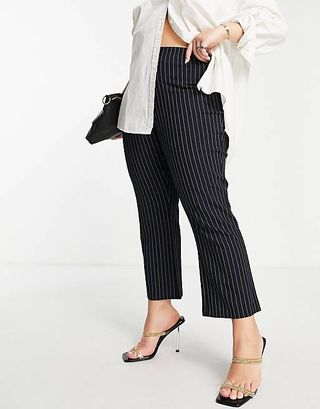 Vero Moda Curve + High Waisted Flared Trousers in Pinstripe