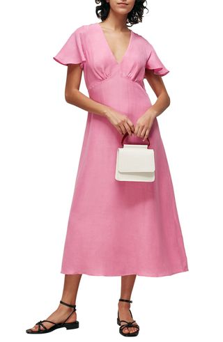 Whistles + Ruffle Sleeve Linen and Cotton Blend Midi Dress