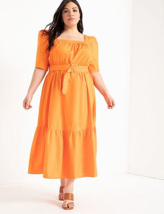 Eloquii + Square Neck Fit and Flare Dress With Belt