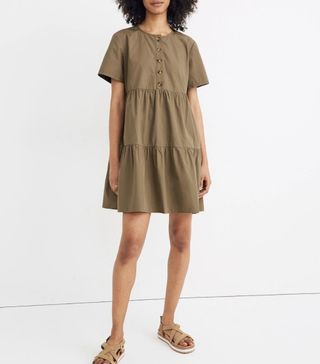 Madewell + Button-Front Short-Sleeve Tiered Mini Dress