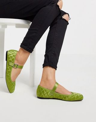 ASOS + Learn Quilted Mary Jane Ballet Flats in Green