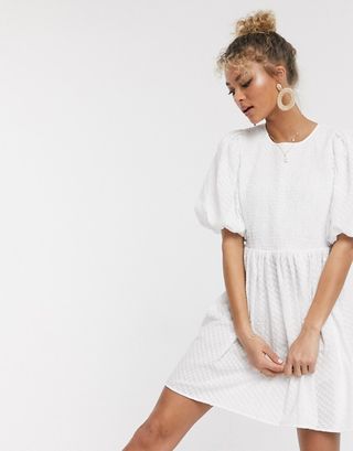 ASOS Design + Shirred Mini Smock Dress With Puff Sleeves in Texture in White