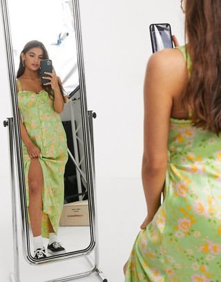 ASOS Design + Satin Button Through Cami Maxi Slip Dress in Floral Print