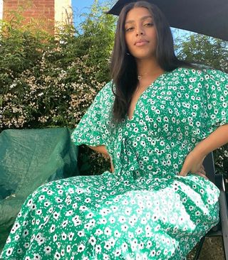 ASOS Design + Tie Front Midi Tea Dress in Green Floral Print