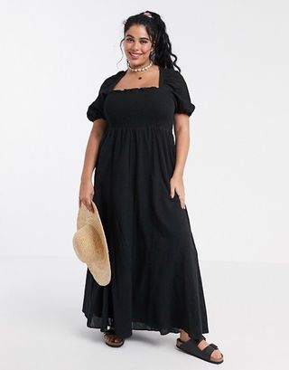 ASOS Design + Shirred Bustier Maxi Dress With Puff Sleeve in Seersucker in Black