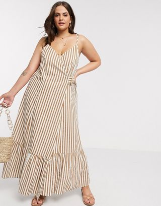 ASOS Design + Cami Wrap Maxi Dress in Linen With Wicker Belt in Stripe