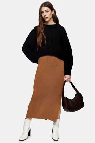 Topshop + Camel Knitted Midi Skirt