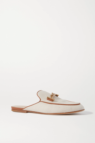 Tod's + Leather-Trimmed Embellished Canvas Slippers