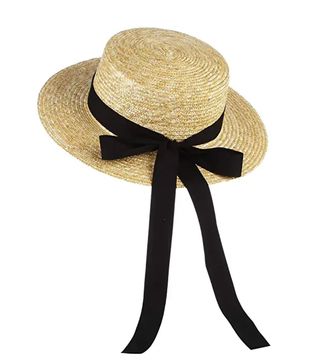 Jelord + Summer Boater Handwoven Straw Hat Wide Brim Retro Flat Top Panama Boater Straw Beach Sun Hat