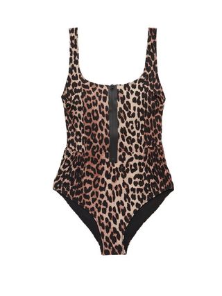 Ganni + Zipped Low-Back Leopard-Print Swimsuit