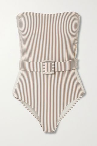 Evarae + Uri Belted Cutout Striped Seersucker Bandeau Swimsuit