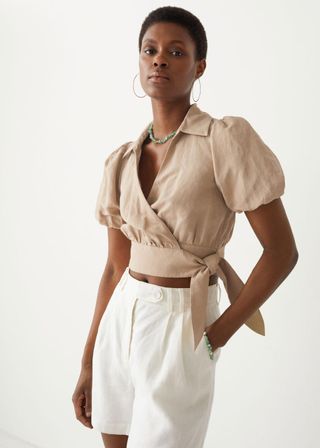 & Other Stories + Puff Sleeves and Tie Side in Beige Linen